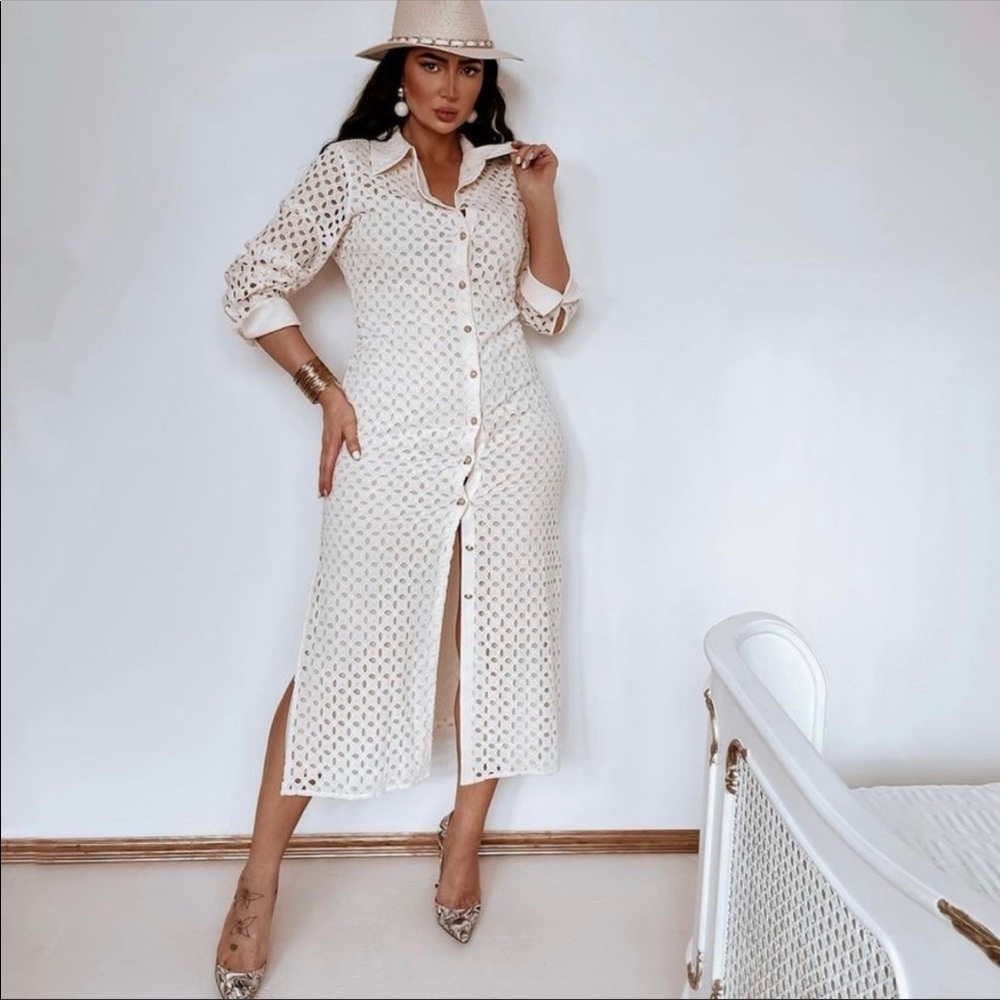 Zara Cream openwork embroidered Midi Dress